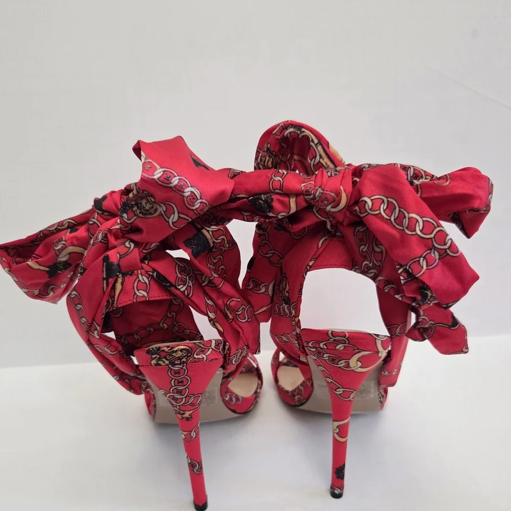 ​NWB ShoeDazzle Riza Sandals Sz 7 - Red Multicolor Lace Up Stiletto Dress Heels - Picture 4 of 5